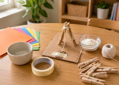A shallow tray of everyday craft supplies.
