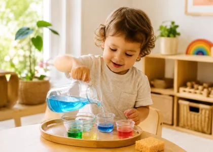 A toddler posting wooden pegs into a container.