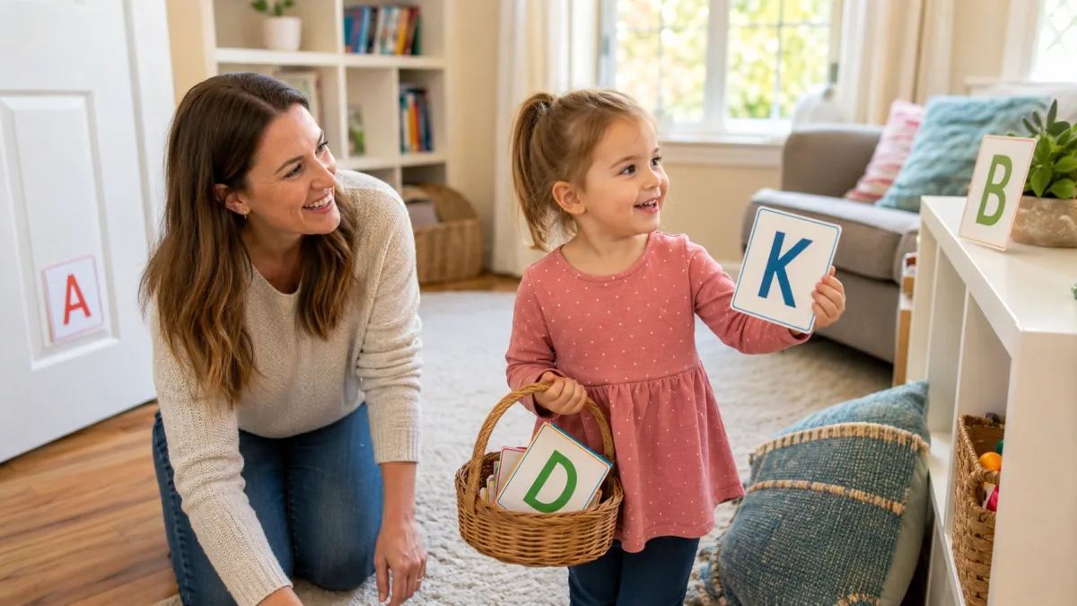 Hand-written paper letters hidden around a living room, with a basket to collect them.