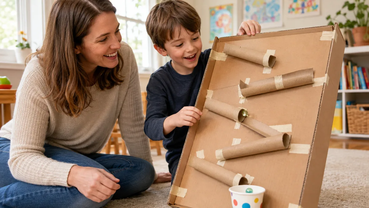 A marble run built from cardboard tubes taped inside a large box lid.