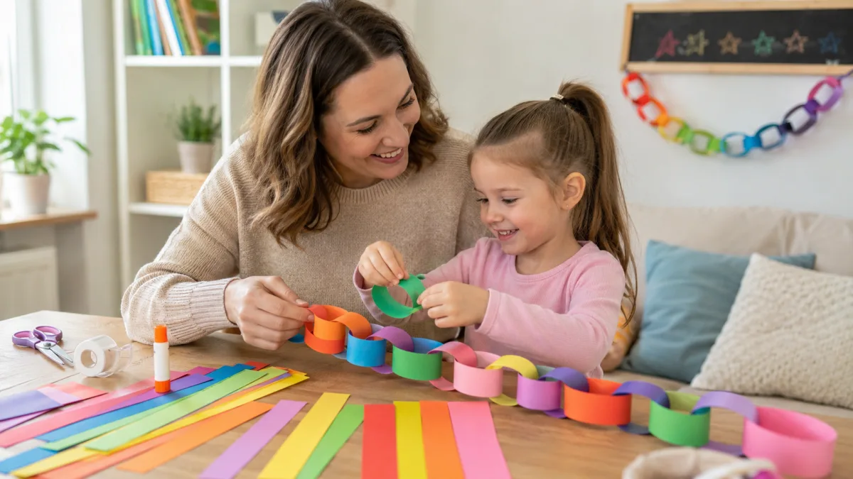 A colourful paper chain hanging on a wall with numbered loops.