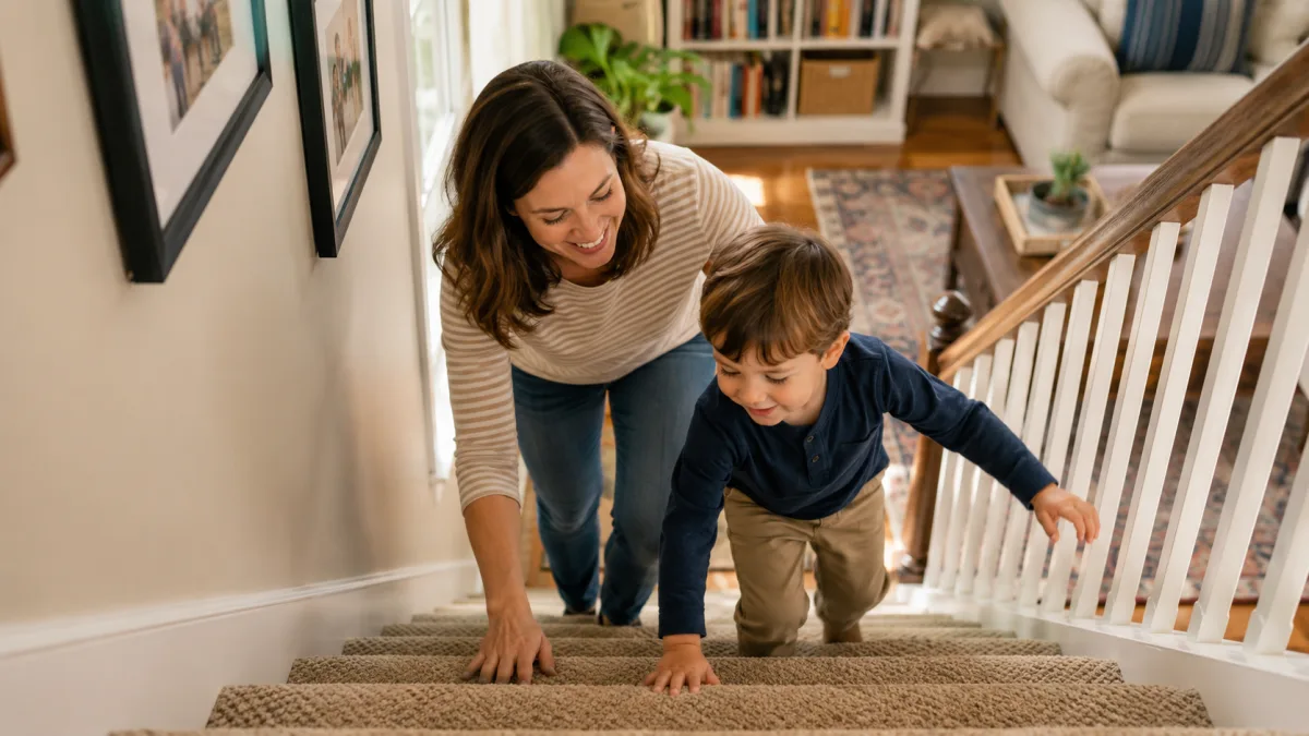 A small child walking up a flight of stairs holding an adult hand.