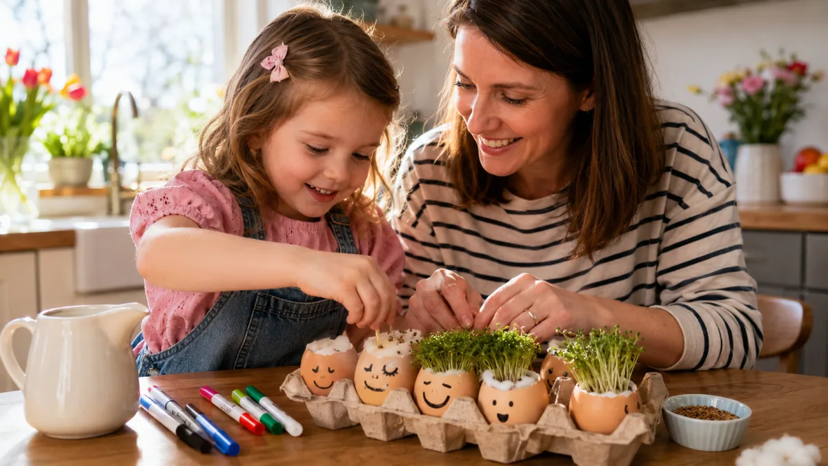 Eggshells with faces drawn on them growing green cress on a windowsill.