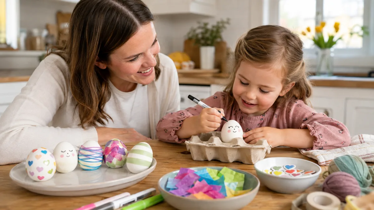 Hard-boiled eggs decorated with stickers, wool and felt tip patterns in an egg box.
