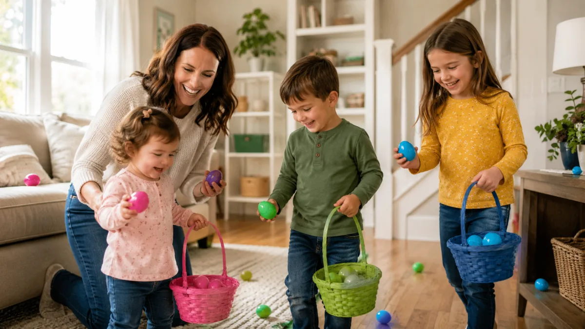 Coloured plastic eggs hidden around a living room with a basket in the foreground.