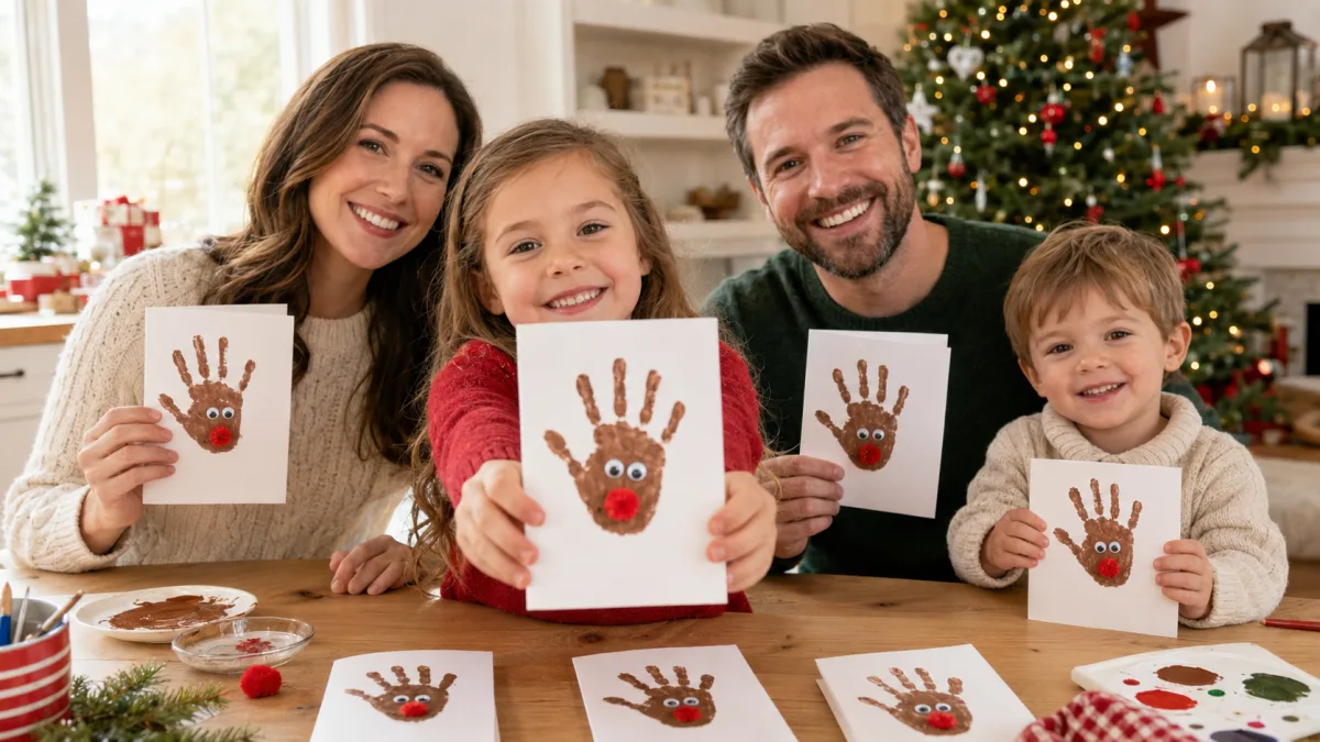 A finished handprint reindeer Christmas card, one of the easiest Christmas crafts for kids to make in ten minutes.