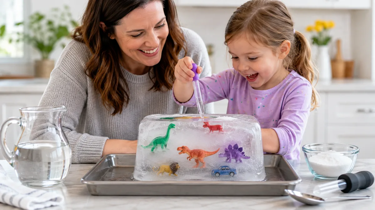 A block of ice with plastic dinosaurs frozen inside it, in a tray with spoons and a jug.