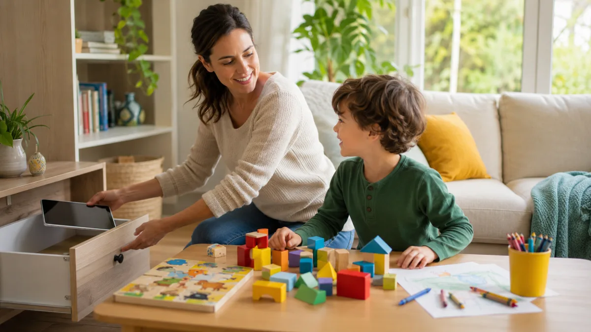 A basket of activity cards and blocks on a table beside a switched-off tablet.