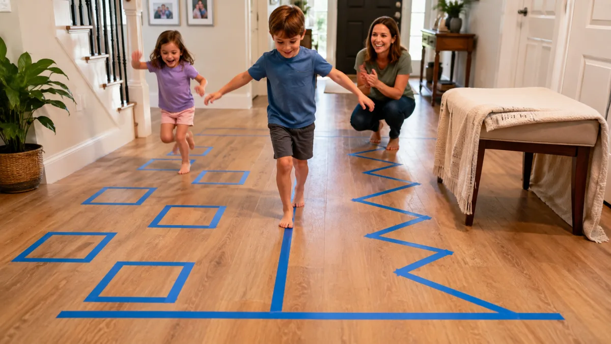 A hallway floor marked out with masking tape lines and squares.