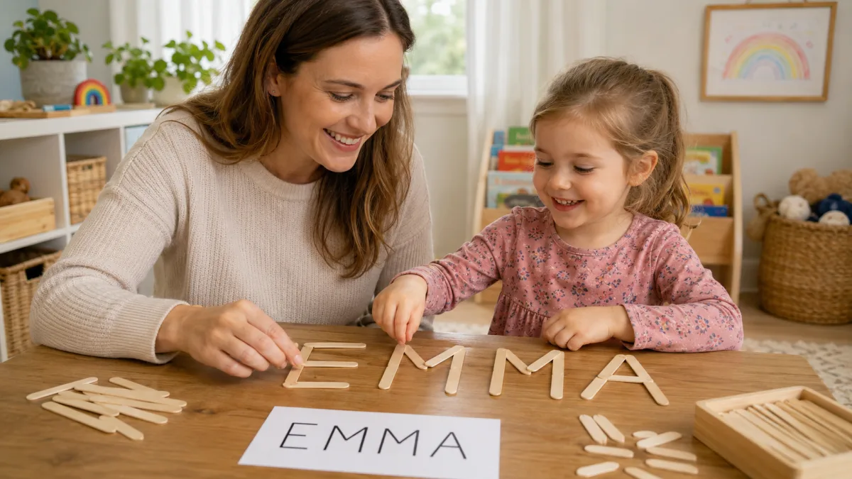 The letters of a child's name built from lolly sticks on a tray beside a name card.