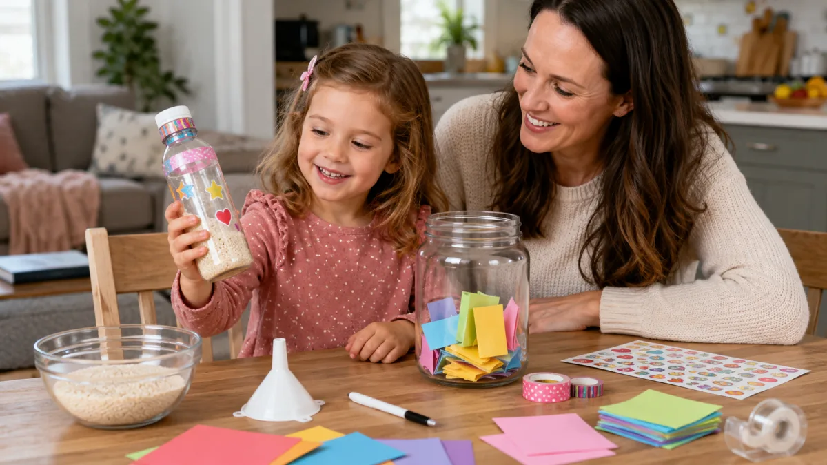 Decorated bottle shakers filled with rice beside a jar of folded paper slips.