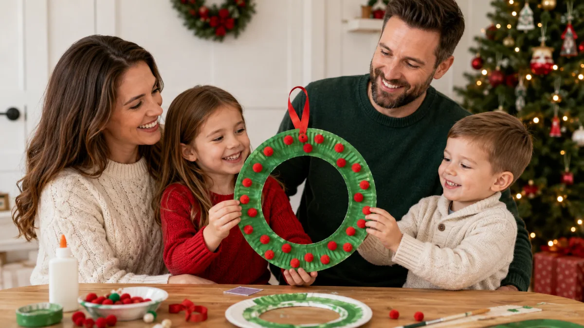 A finished paper plate Christmas wreath hanging on a door, made as one of our Christmas crafts for kids.