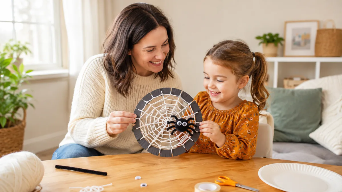 A paper plate with white wool wound across it to look like a spider web.