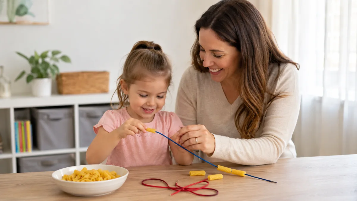 Dried pasta tubes and a shoelace on a table, part-threaded into a necklace.