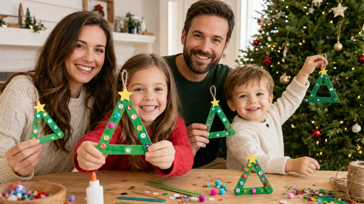 Decorated popsicle stick Christmas trees, an easy Christmas craft for kids to make in ten minutes.