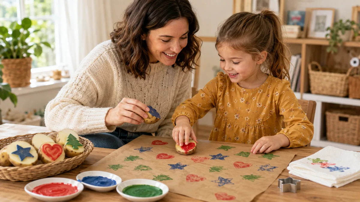 Brown paper printed with rows of red and yellow potato-print stars.