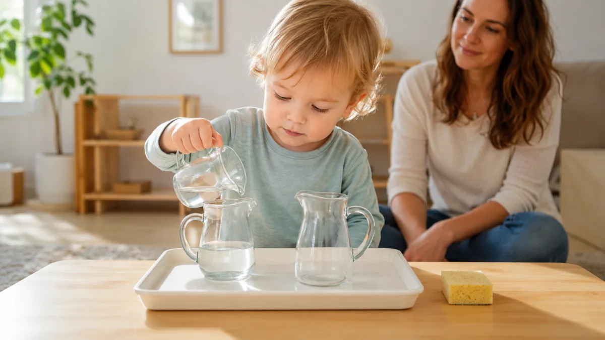 Two small jugs and a sponge on a wooden tray at a child's table.