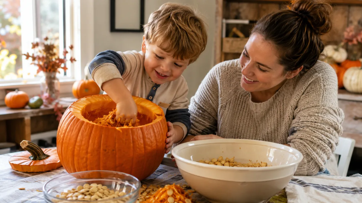 A child scooping the stringy insides out of a pumpkin into a bowl.