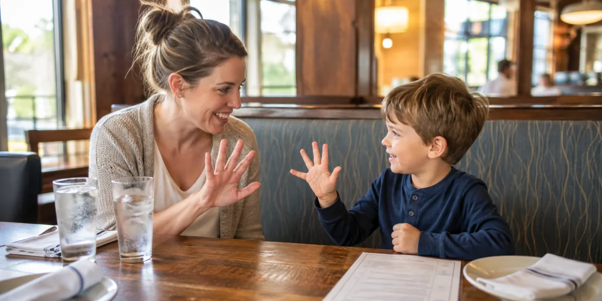 An adult and child playing a hand-copying game at a restaurant table.
