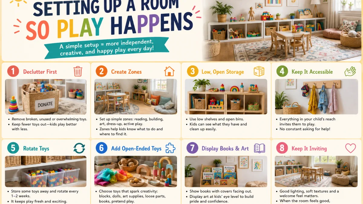 A low shelf with a few toys arranged in open baskets within a child's reach.