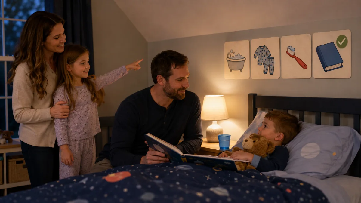 A dim child's bedroom with a lamp on and two picture books on the bed.