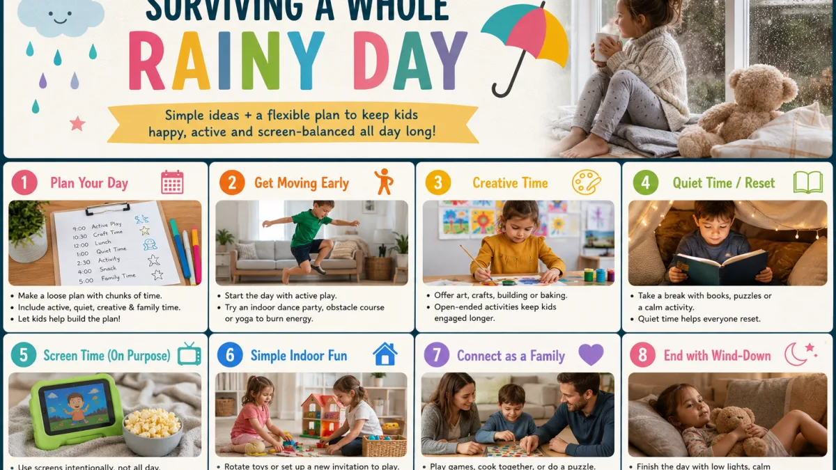 Children playing on the floor of a living room while rain runs down the window.