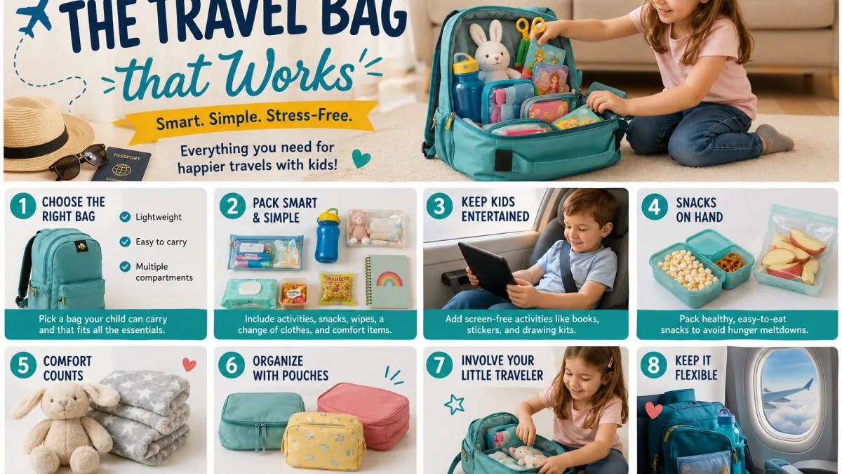 A small bag with stickers, a notebook, a wind-up toy and wrapped parcels.