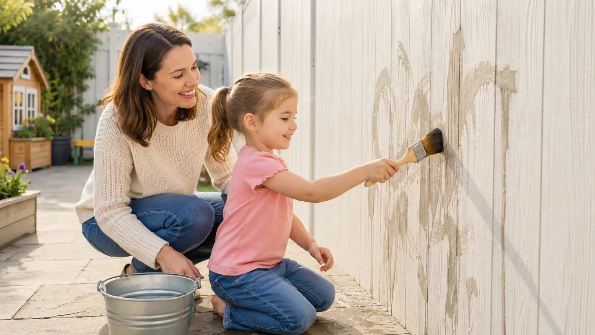 A child painting a brick wall with water using a large decorating brush.