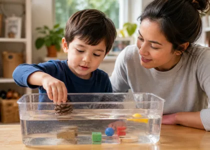A child dropping objects into a bowl of water.