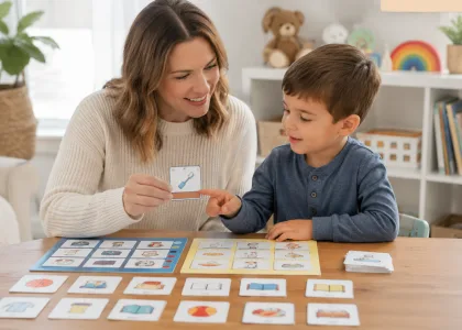 An adult holding up a picture card while a child points at a matching board.