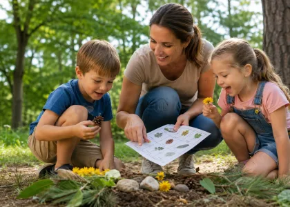 An adult and two children in a wood, ticking finds off a nature scavenger hunt sheet.