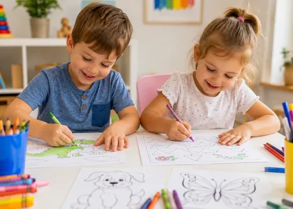 Two children colouring a dinosaur and tracing pattern lines at a table.