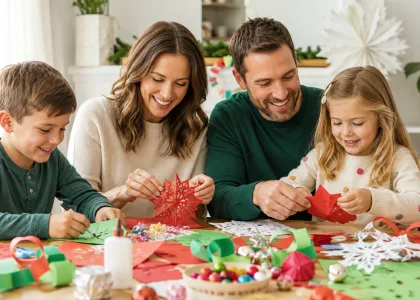 A family at a table cutting and folding paper snowflakes and paper chains.