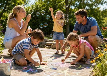 A family outdoors blowing bubbles and drawing with pavement chalk.