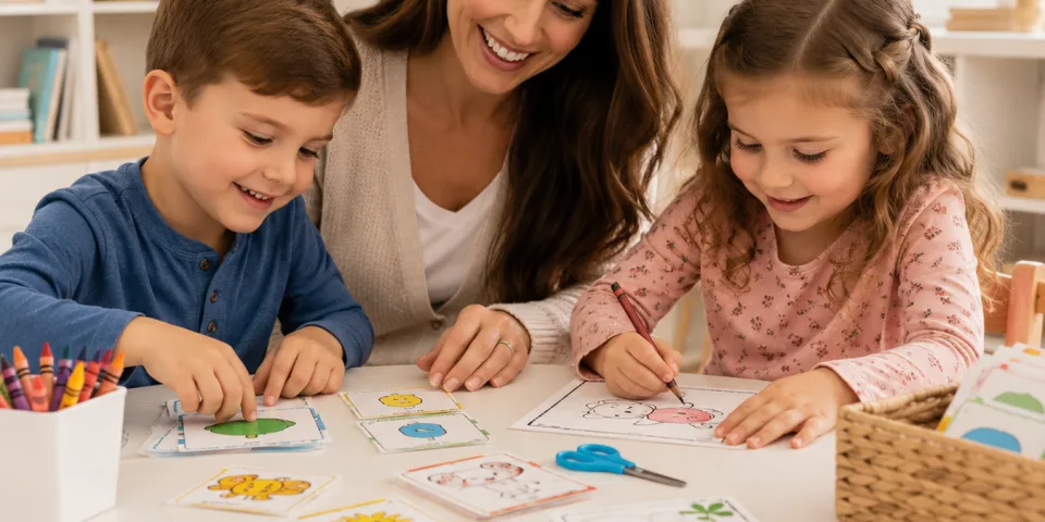 An adult and two children working through printed activity and colouring cards.