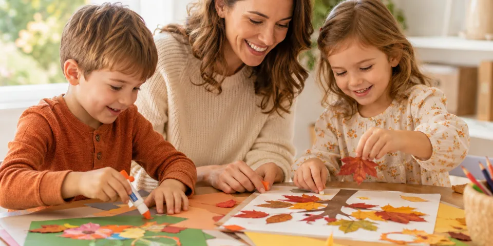 An adult and two children gluing autumn leaves onto card at a sunlit table.