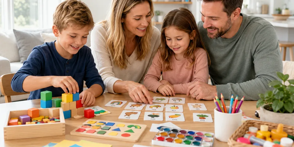 A family of four around a table with picture cards, wooden blocks, paints and a drawing.