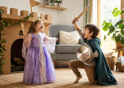 Children acting out a story with simple props.