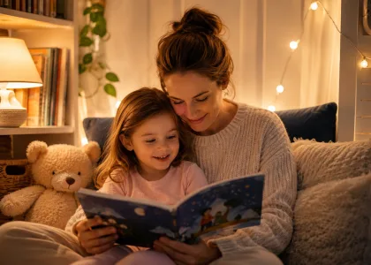 A child listening to a story at bedtime.