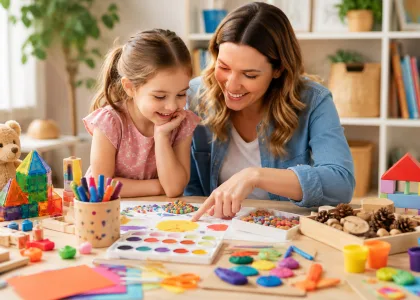An adult and child choosing between paints, beads, blocks and modelling dough spread across a table.