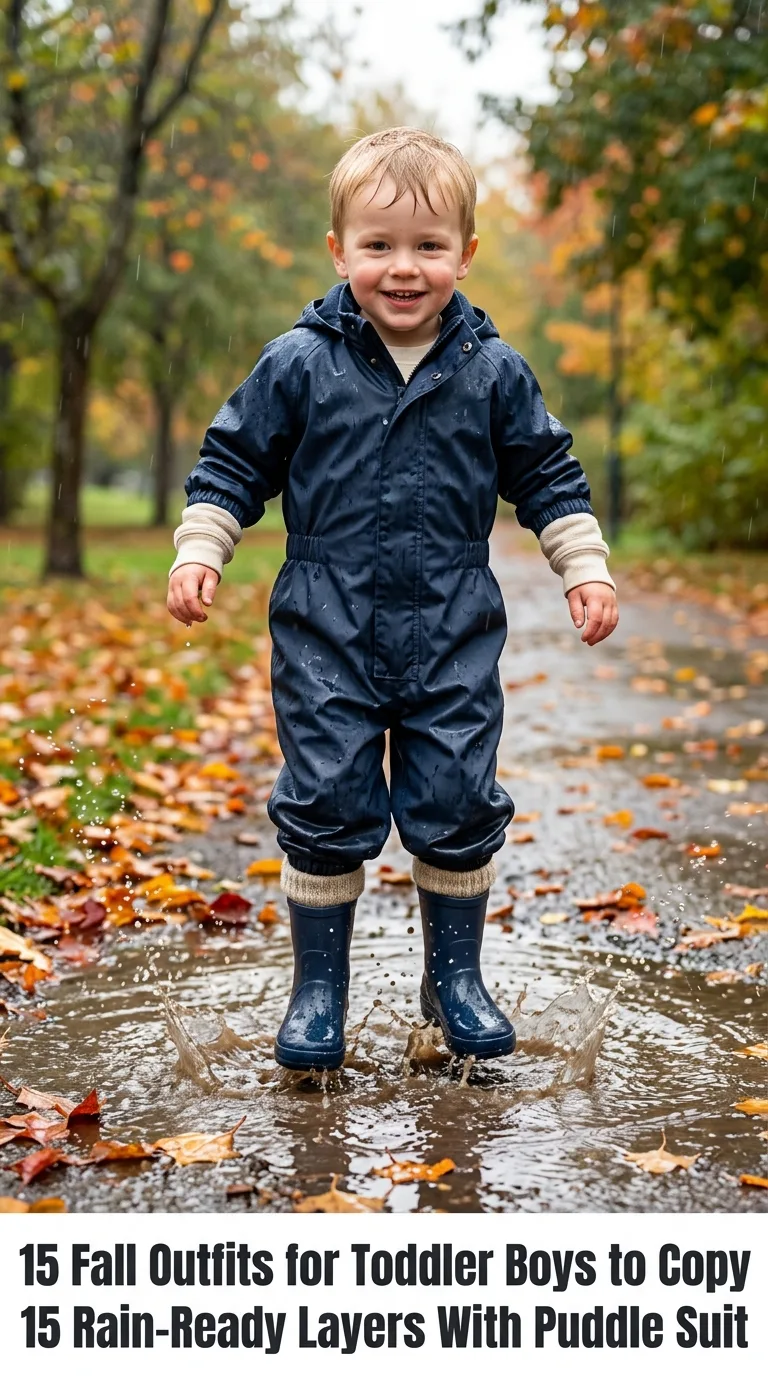 Toddler boy splashing in puddle