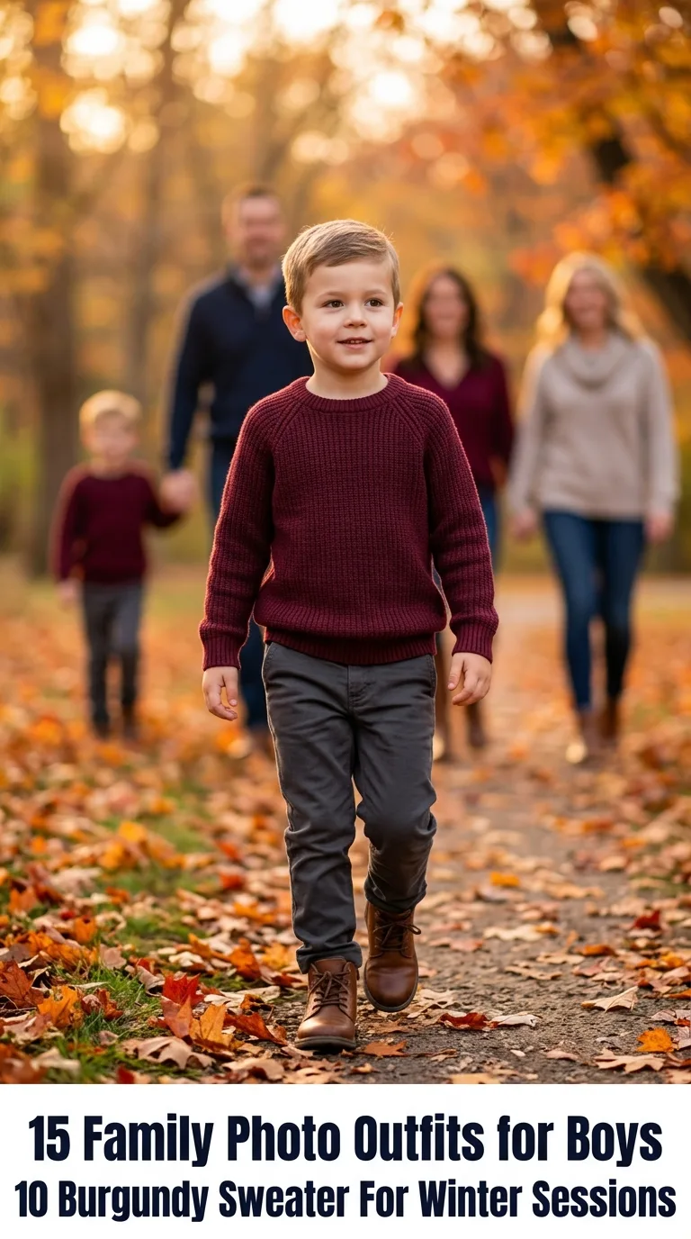 Boy wearing burgundy sweater outfit