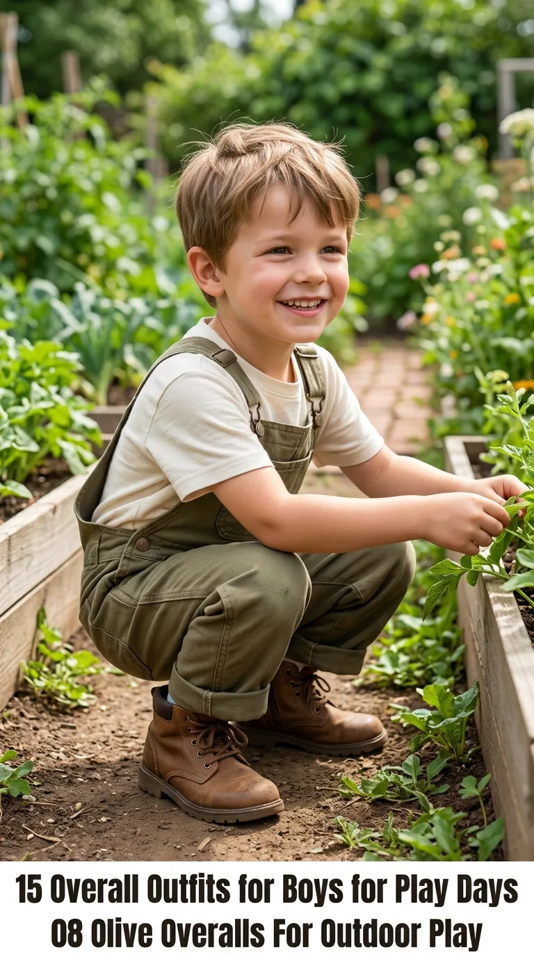 Boy wearing olive canvas overalls