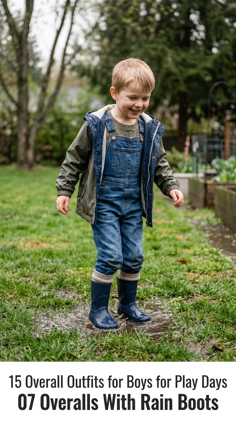 Boy wearing overalls in rain