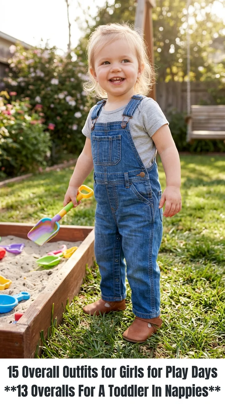Toddler wearing overalls in back…
