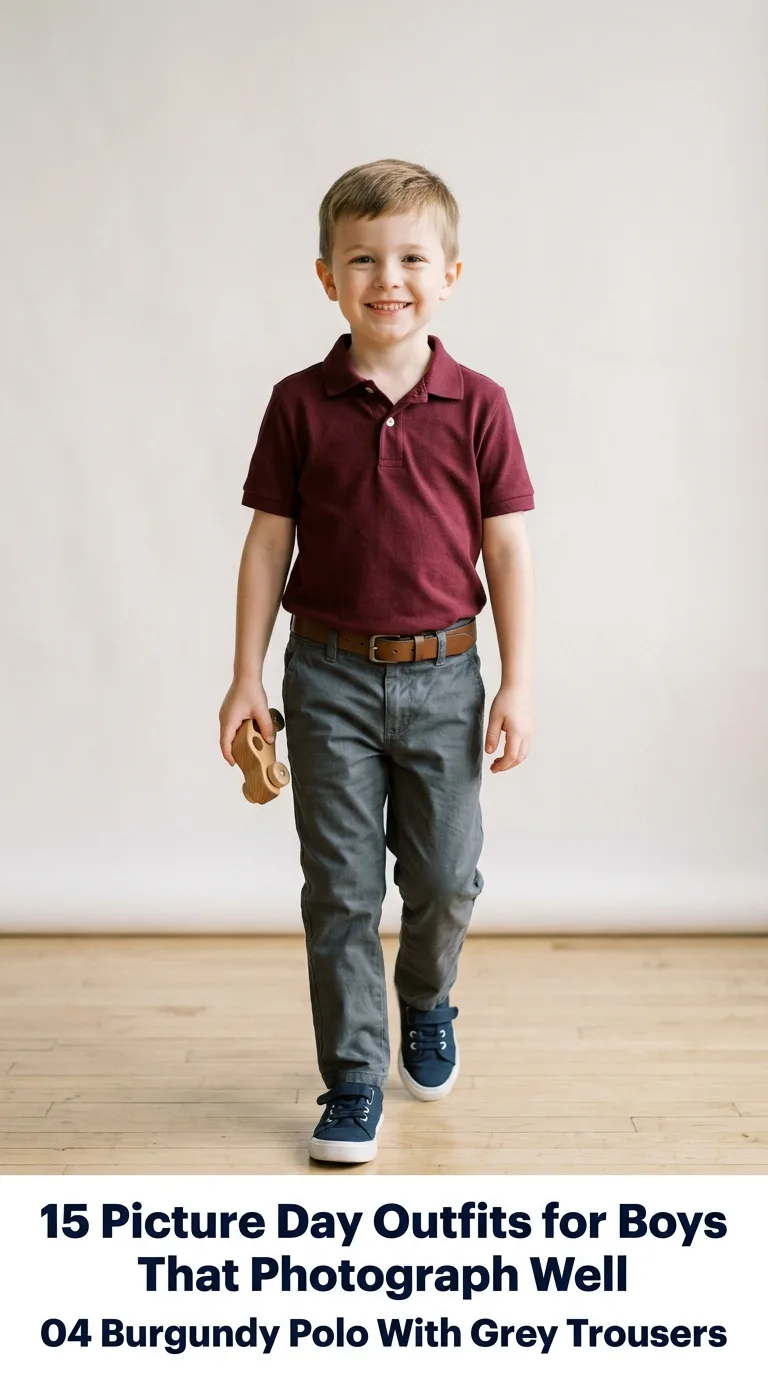 Boy wearing burgundy polo outfit
