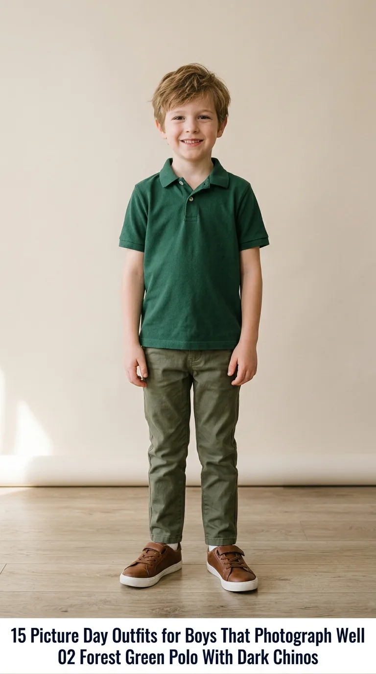 Boy wearing forest green polo