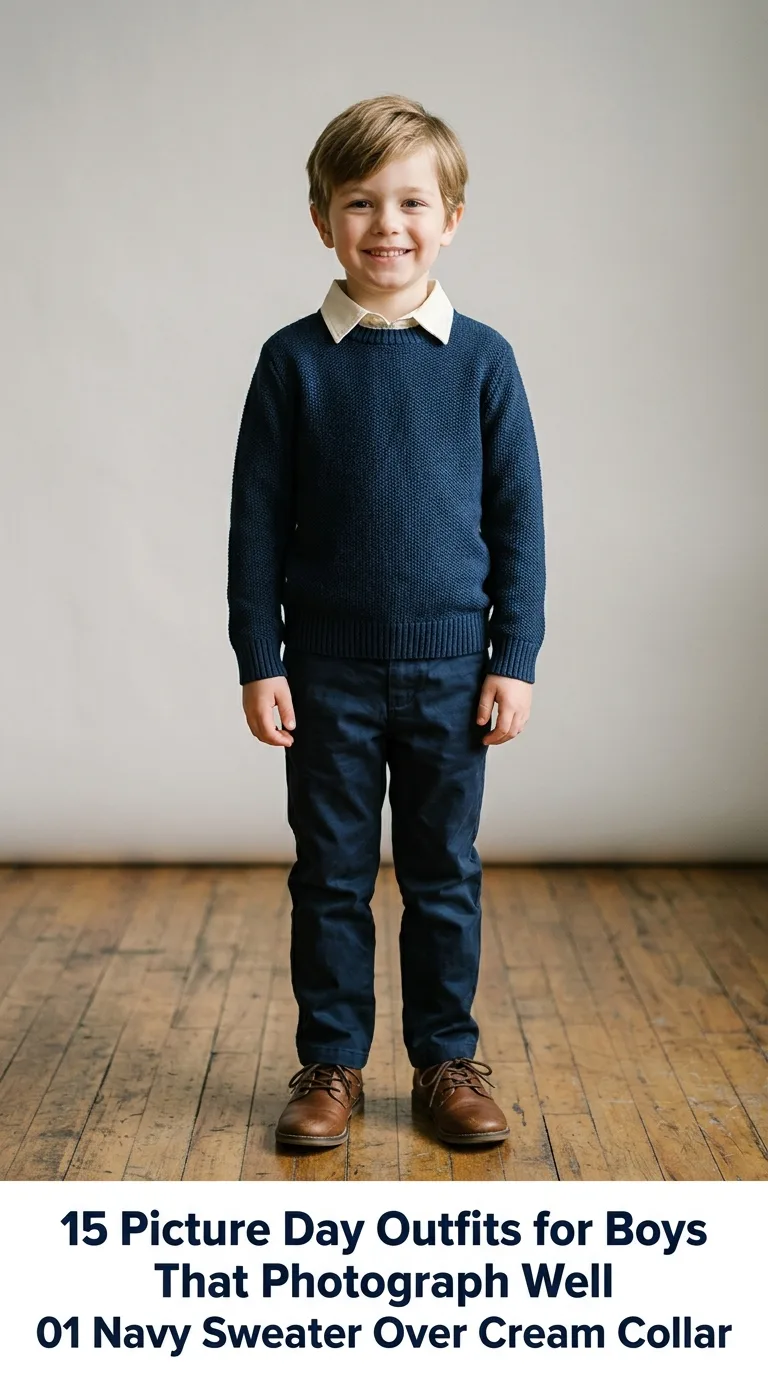 Boy wearing navy sweater indoors