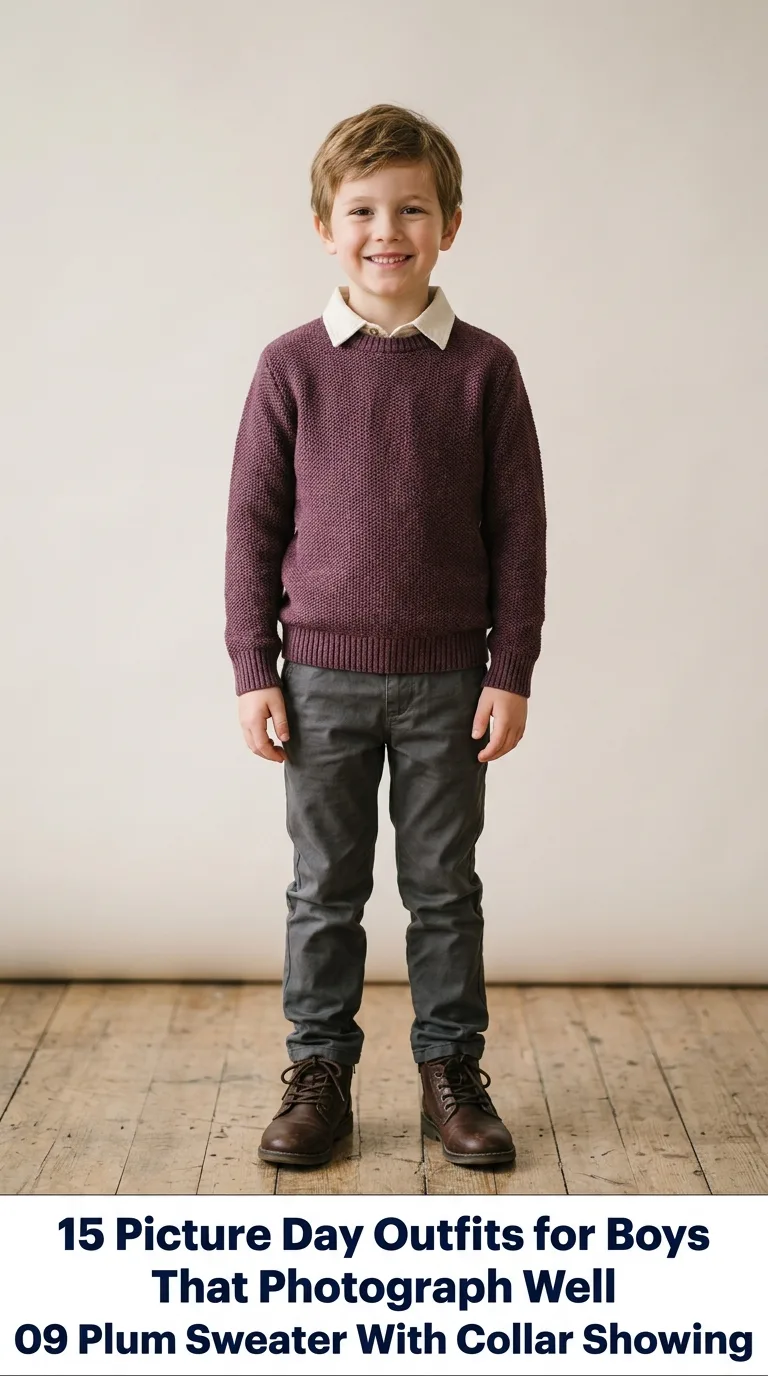 Boy wearing plum sweater