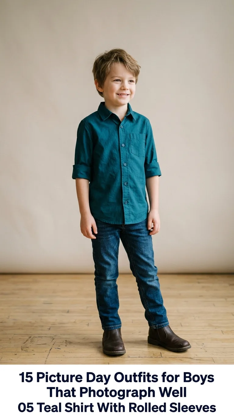 Boy wearing teal shirt